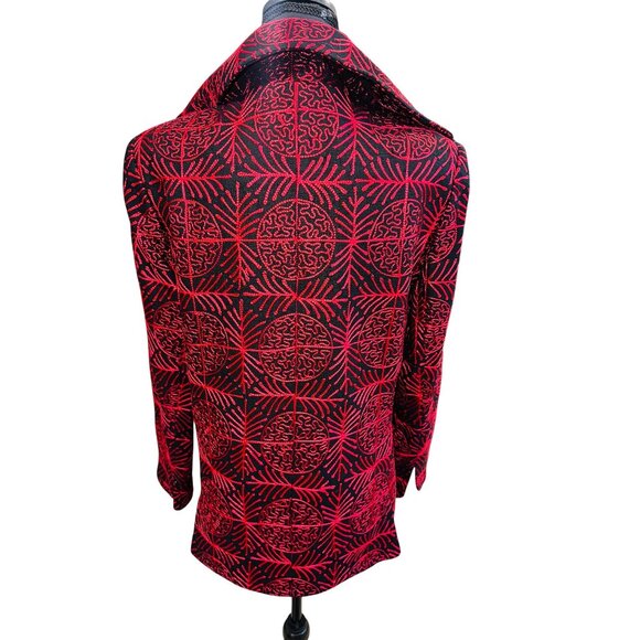 Allison W 100% Silk Jacket Jacquard Red Black Geometric Open Blazer Office City - Picture 2 of 11